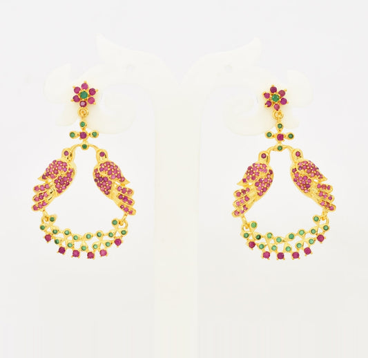 Magenta Green Love Birds Chandbali Earrings - T01514