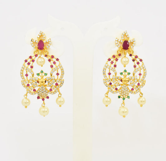 White Magenta Green Twilling Feather Chandbali Earrings - T01510
