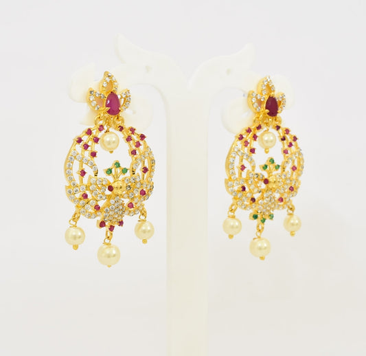White Magenta Green Twilling Feather Chandbali Earrings - T01510
