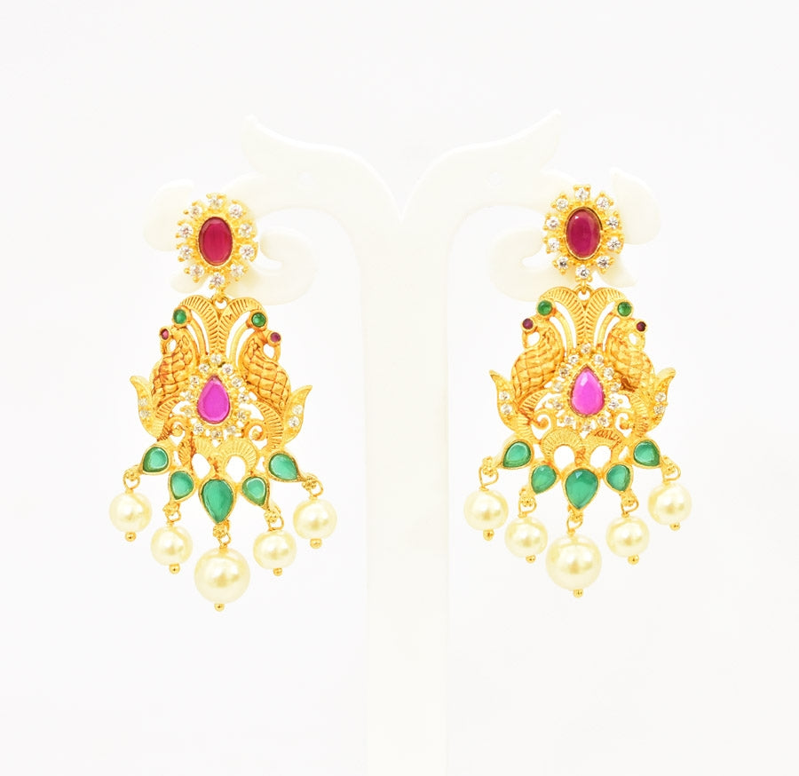White Magenta Green Antique Peacock Necklace With Danglers - T02542