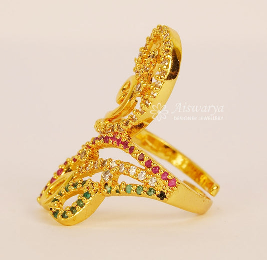 White Magenta Green Classic Adjustable CZ Ring - Y012018