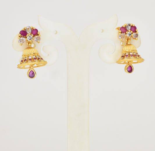 White Magenta Flowery Jhumka - Y052055