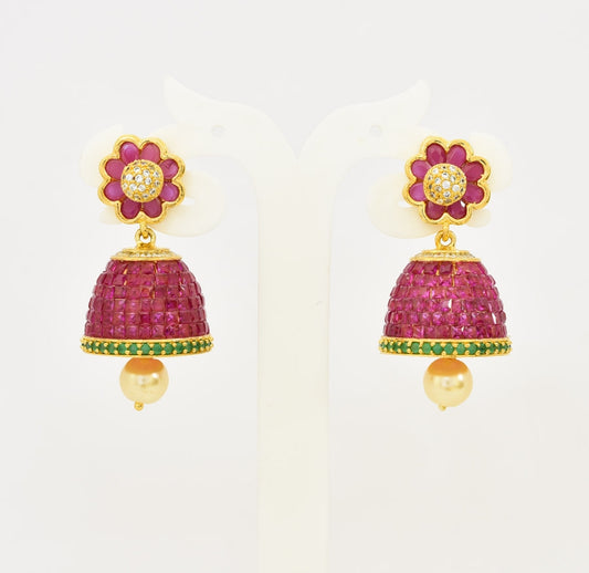 White Magenta Green Floral Petal Jhumka - T01513