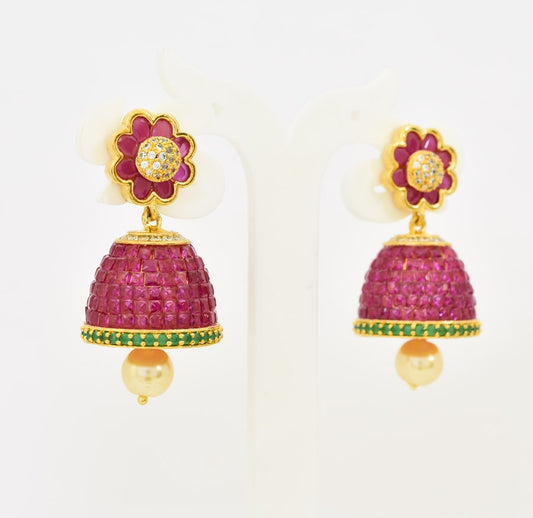 White Magenta Green Floral Petal Jhumka - T01513