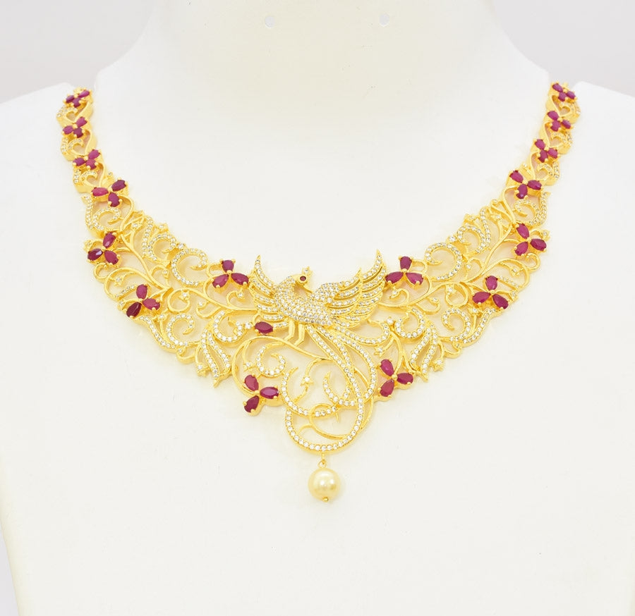 White Magenta Exotic Peacock Necklace - T02538
