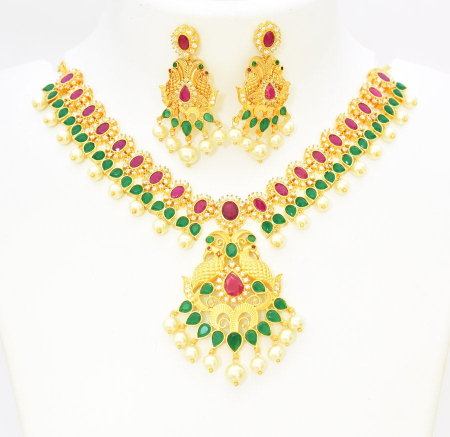 White Magenta Green Antique Peacock Necklace With Danglers - T02542