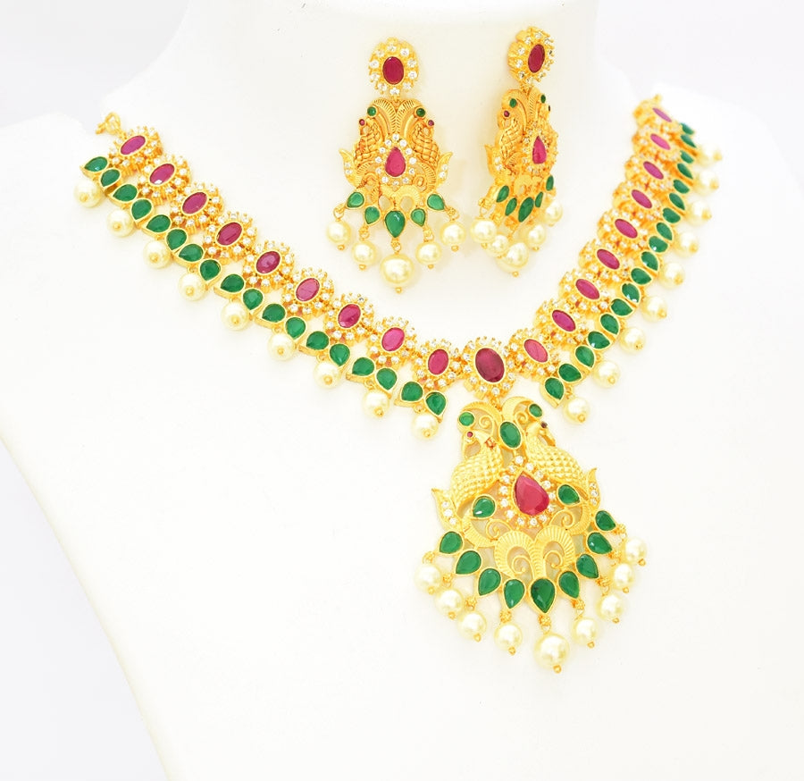 White Magenta Green Antique Peacock Necklace With Danglers - T02542