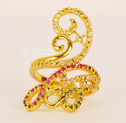 White Magenta Green Classic Adjustable CZ Ring - Y012018