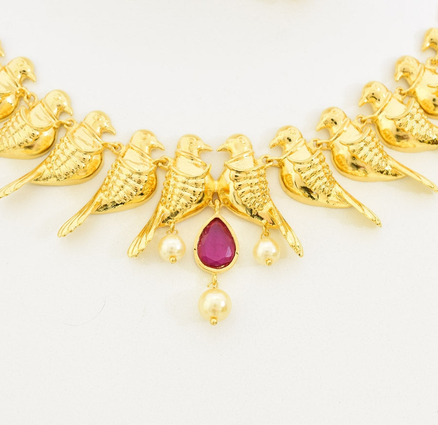 White Magenta Humming Bird Necklace With Drop - S12457