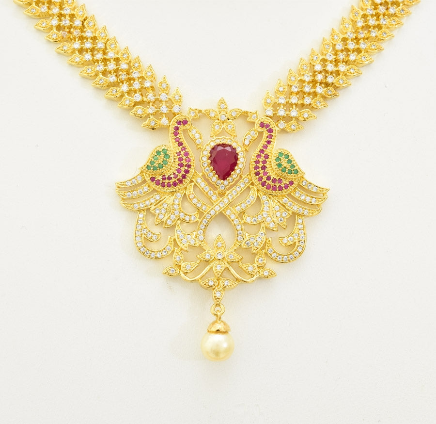 White Magenta Green Paun Necklace With Drops - S12468