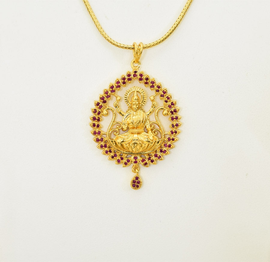 Magenta Leafy Lakshmi Pendant With Chain - T03549